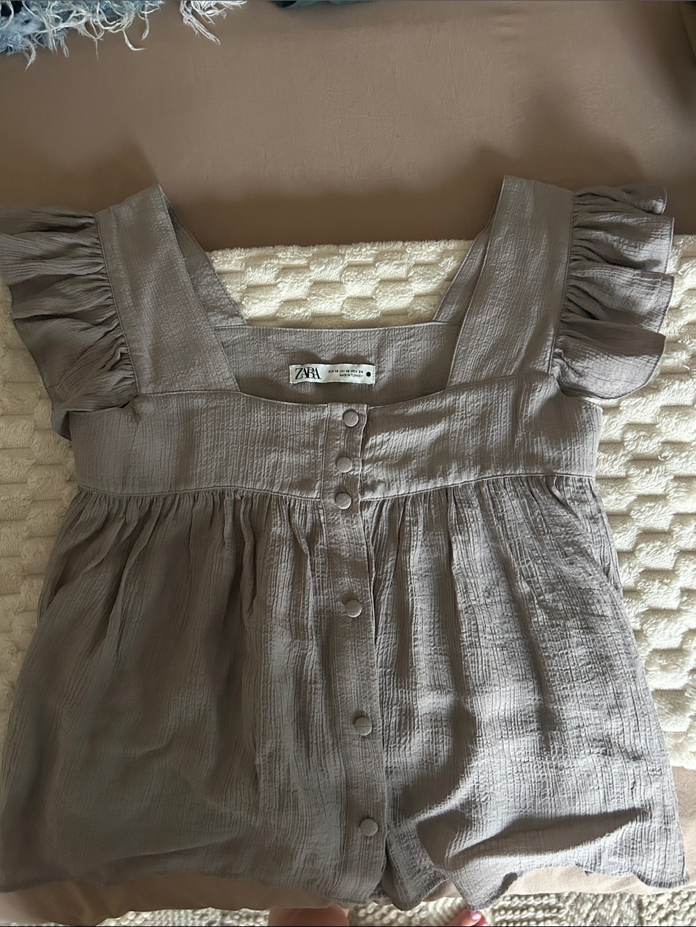ZARA Taupe Square Neck Button Front Ruffle Sleeve Top